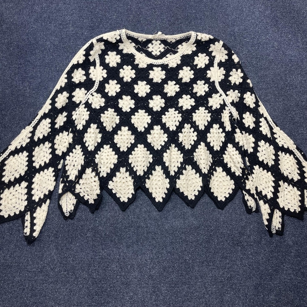 Solitaire Sweater Womens Medium Black Crochet Diamond Open Knit Boho Pullover